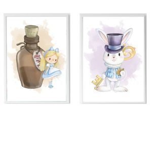 PACCHETTO 2 QUADRI INFANTILI ALICE E LA SUA MAGIA E IL CONIGLIO CON CAPPELLO