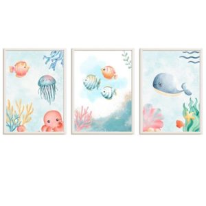PACK 3 CADRES ENFANTS POISSONS, MÉDUSE ET BALEINE