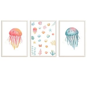 PACCHETTO 3 QUADRI INFANTILI STAMPATI OCEANO E MEDUSE